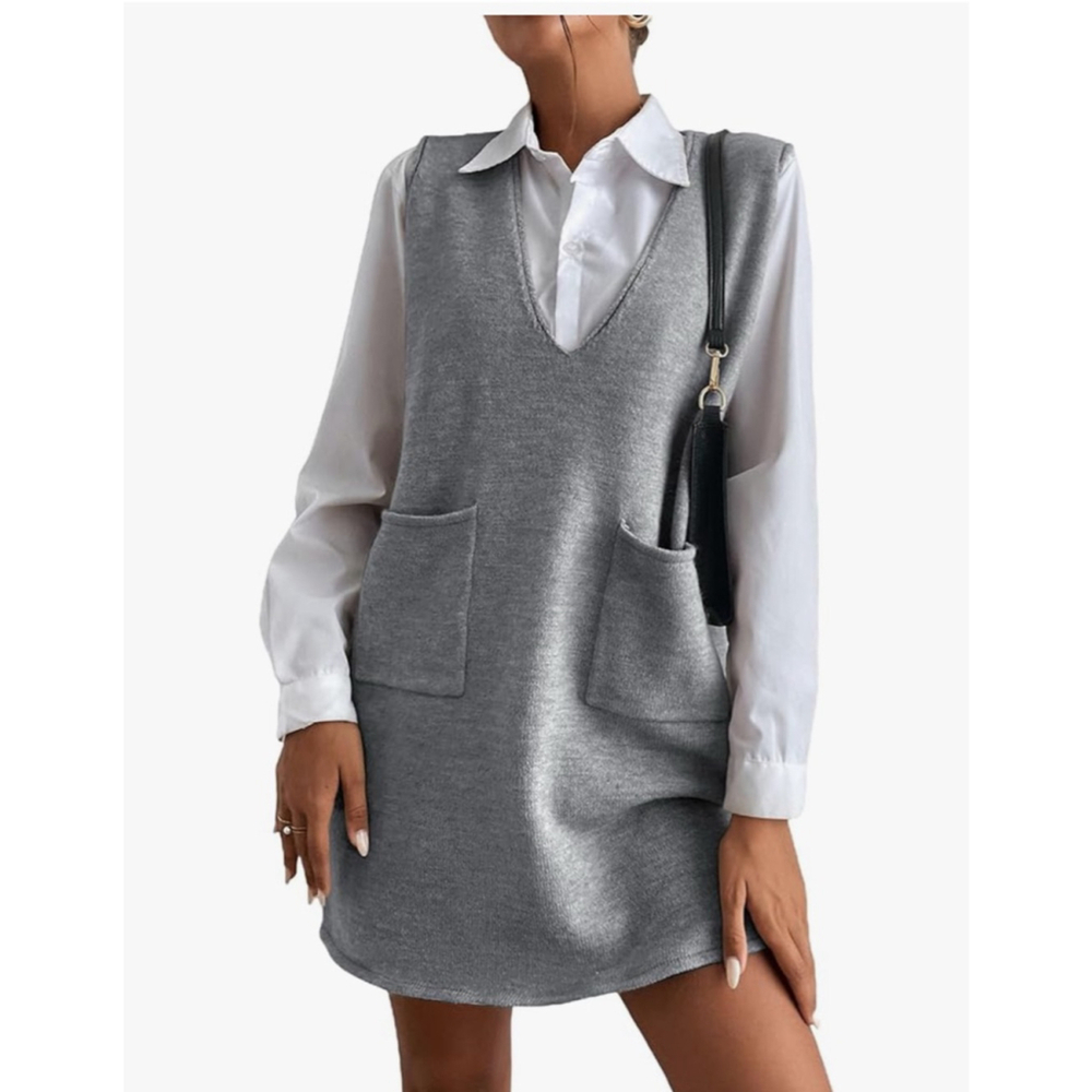 NEW Light Gray V Neck Sleeveless Knitted Short Sweater Dress with Pockets 2X